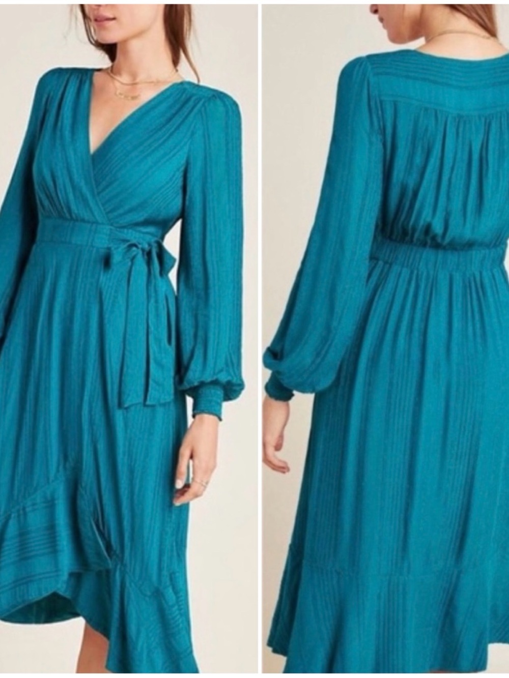 Anthropologie Size 6 Boswell Turquoise/Teal Long-Sleeve Wrap Midi Dress